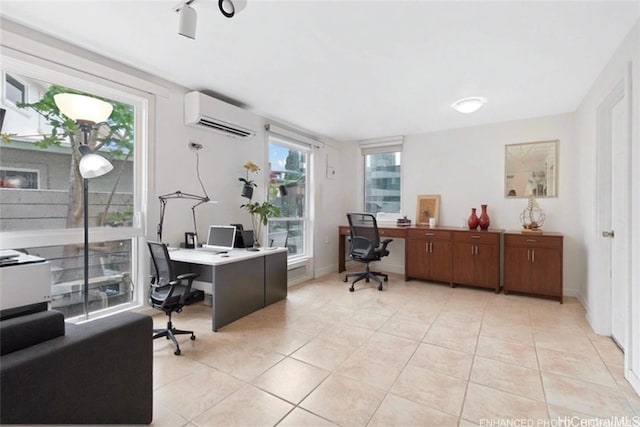 tiled office with a wall mounted air conditioner and plenty of natural light