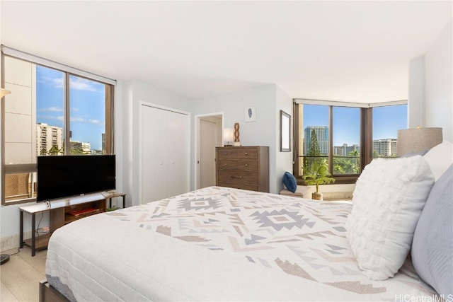 bedroom with a closet and light wood-type flooring