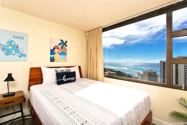 bedroom featuring a water view