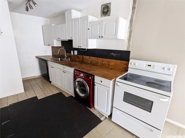 kitchen featuring wooden counters, sink, electric stove, washer / clothes dryer, and white cabinetry