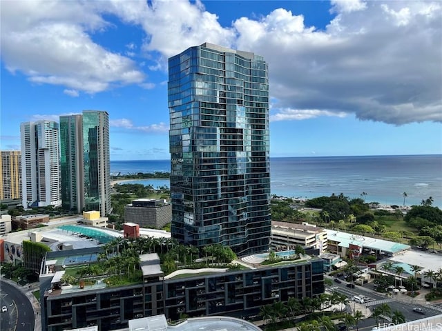 exterior space with a water view