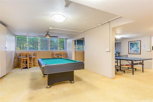 rec room with ceiling fan and pool table