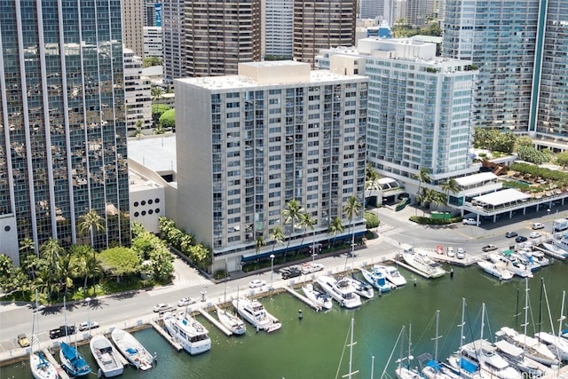 drone / aerial view with a water view