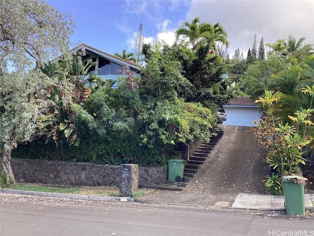 view of property hidden behind natural elements featuring a garage