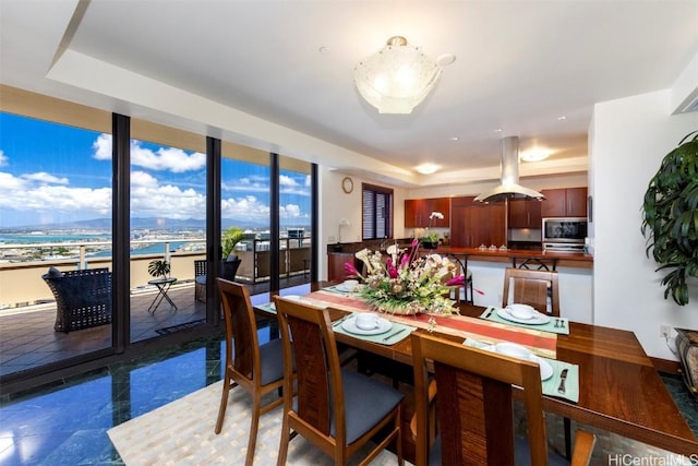 dining room featuring a water view and a wealth of natural light