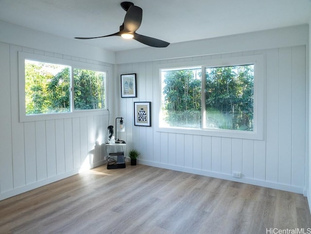 spare room with ceiling fan, a healthy amount of sunlight, and light wood-type flooring