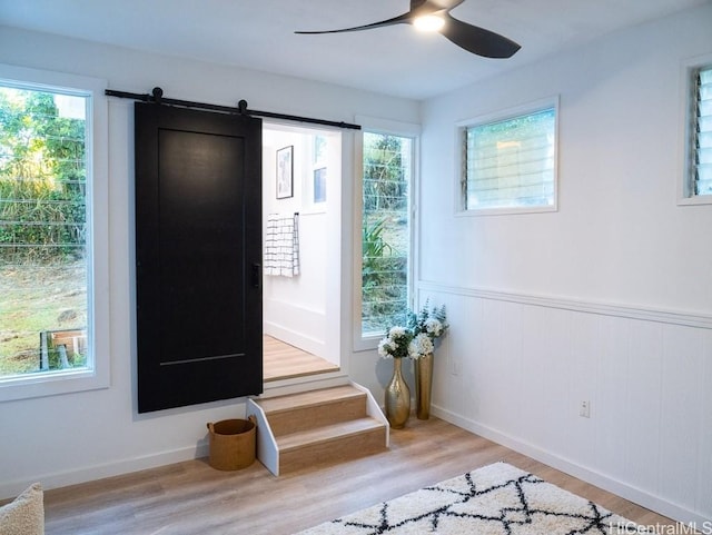 doorway to outside featuring a barn door, ceiling fan, and light hardwood / wood-style floors