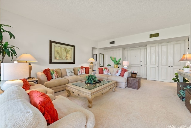 carpeted living room with a textured ceiling