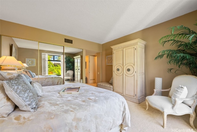 carpeted bedroom with a textured ceiling and a closet