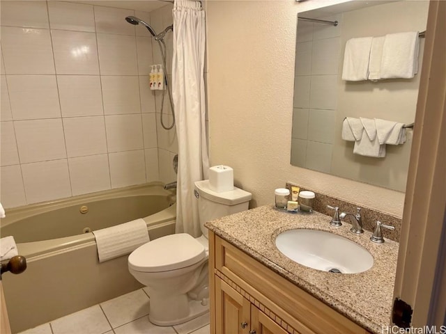 full bathroom featuring toilet, tile patterned floors, vanity, and shower / tub combo with curtain