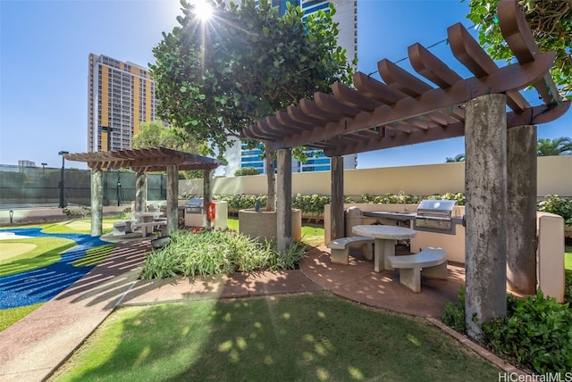 view of yard with a pergola, a patio area, and exterior kitchen