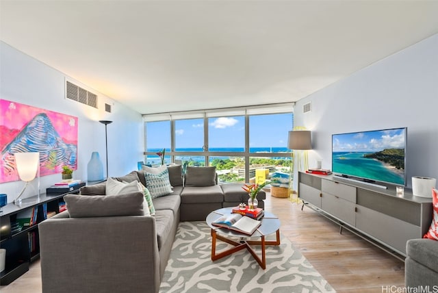 living room with expansive windows and light wood-type flooring