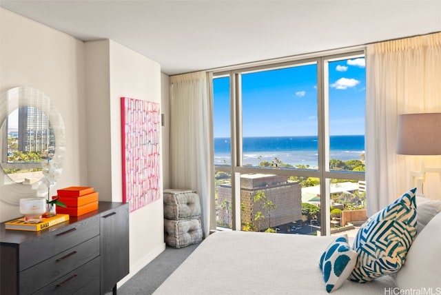 bedroom featuring carpet flooring, multiple windows, and a water view