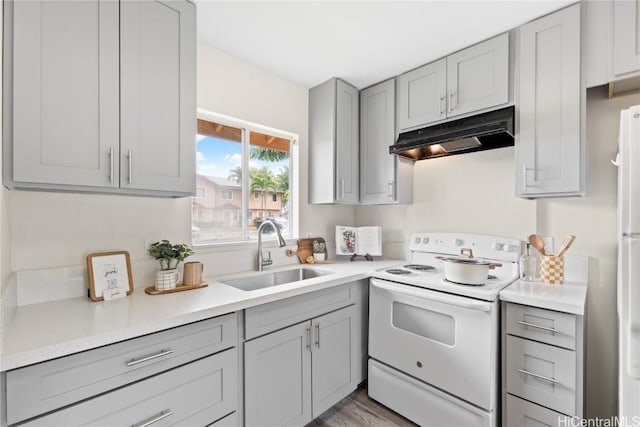 kitchen featuring light wood-type flooring, gray cabinets, white range with electric cooktop, and sink