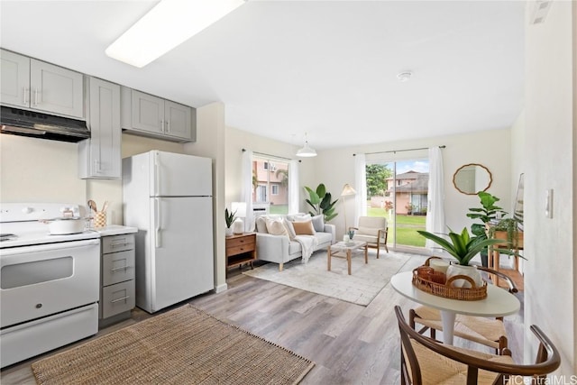 kitchen with white appliances, gray cabinets, and light hardwood / wood-style flooring