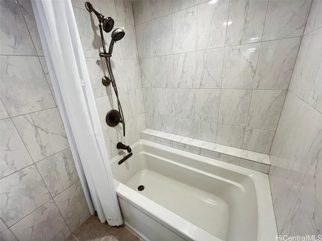 full bathroom with shower / bathtub combination with curtain