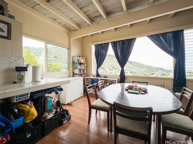 dining room with light hardwood / wood-style flooring, beamed ceiling, and plenty of natural light