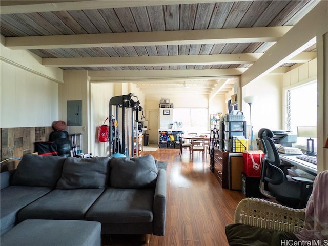 living room with beamed ceiling, hardwood / wood-style floors, and electric panel