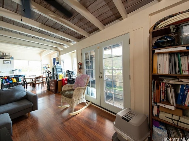 interior space with hardwood / wood-style flooring, beam ceiling, wood ceiling, and french doors