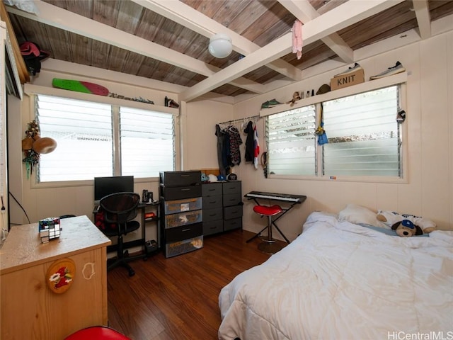 bedroom featuring dark hardwood / wood-style flooring, beamed ceiling, and wooden ceiling