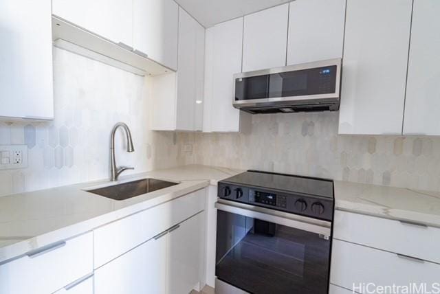 kitchen with light stone counters, sink, white cabinets, and appliances with stainless steel finishes