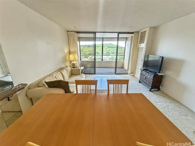 carpeted dining room with a textured ceiling and a wall of windows