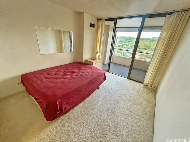 carpeted bedroom with a textured ceiling