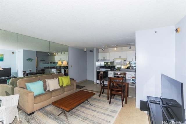 living room with a textured ceiling