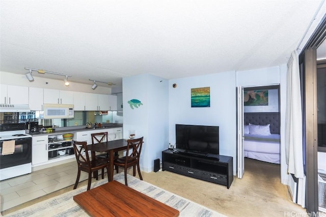 living room featuring a textured ceiling and sink