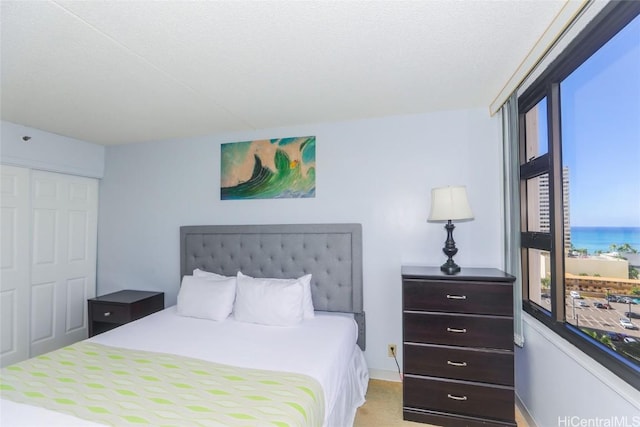 bedroom featuring light carpet and a closet