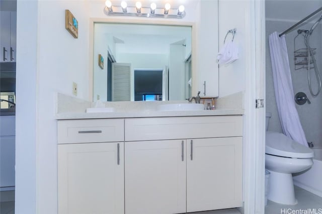 bathroom with walk in shower, vanity, and toilet