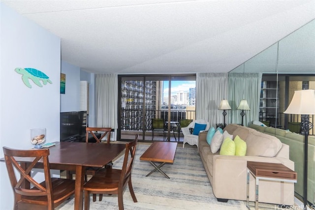 living room featuring hardwood / wood-style floors, floor to ceiling windows, and a textured ceiling