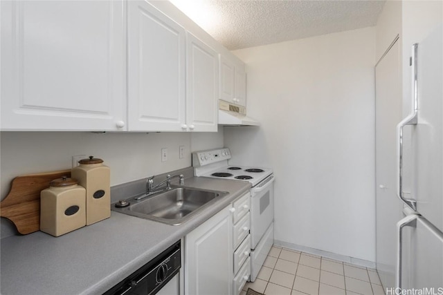 kitchen with light tile patterned flooring, sink, a textured ceiling, white appliances, and white cabinets