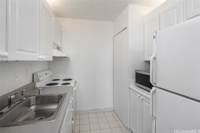 kitchen with extractor fan, sink, light tile patterned floors, white appliances, and white cabinets