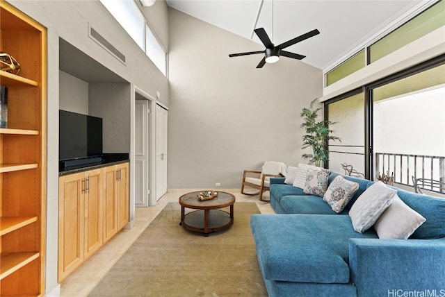 living room featuring built in features, light tile patterned floors, visible vents, ceiling fan, and high vaulted ceiling