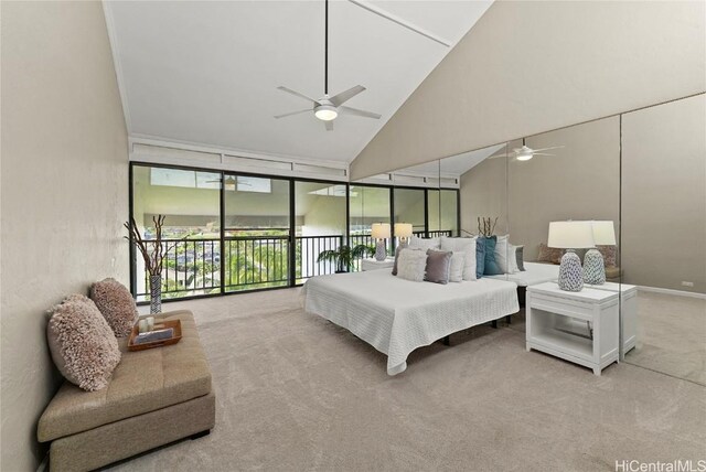 bedroom featuring access to exterior, light carpet, floor to ceiling windows, ceiling fan, and high vaulted ceiling