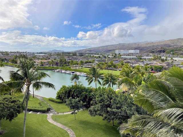 birds eye view of property featuring a water and mountain view