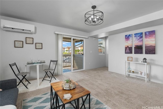 living room with a wall mounted air conditioner, light colored carpet, and a chandelier