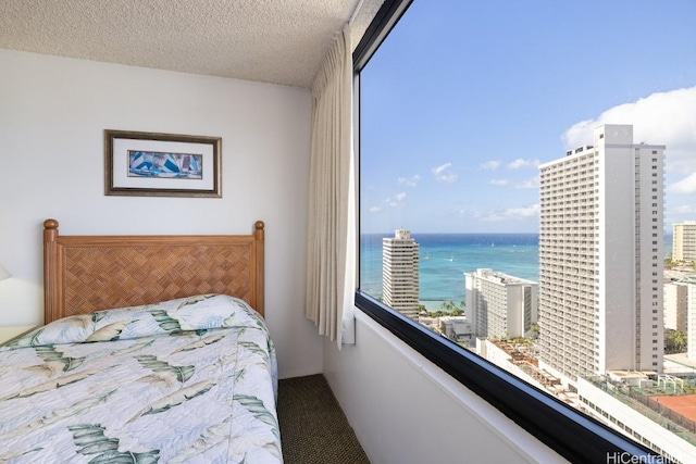 bedroom with a water view and a textured ceiling