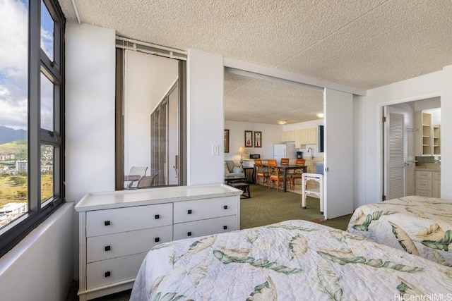 bedroom featuring a textured ceiling, white refrigerator, dark carpet, and sink