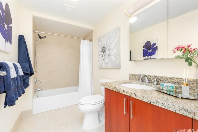 full bathroom featuring vanity, tile patterned flooring, shower / bath combo, and toilet