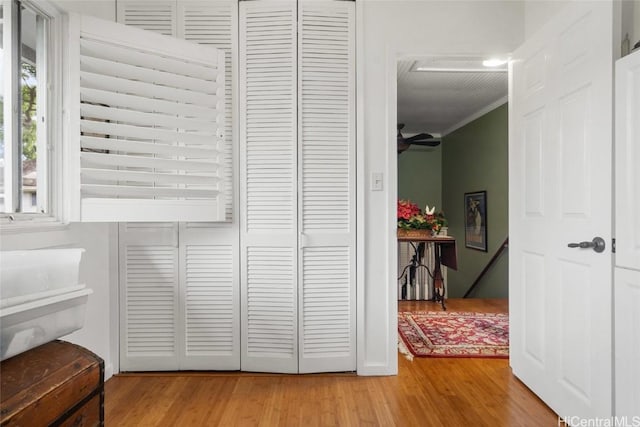 interior space with hardwood / wood-style flooring, ceiling fan, and ornamental molding