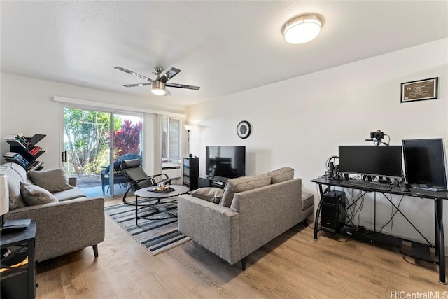 living room featuring ceiling fan and wood-type flooring