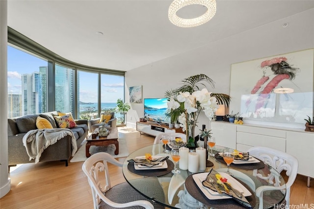 dining room with expansive windows, a wealth of natural light, and light hardwood / wood-style flooring