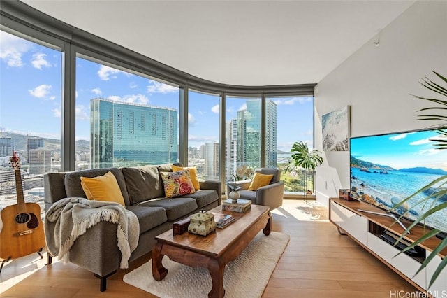 living room with expansive windows and light hardwood / wood-style flooring