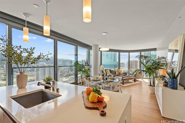 kitchen featuring light hardwood / wood-style floors, sink, pendant lighting, and a wall of windows