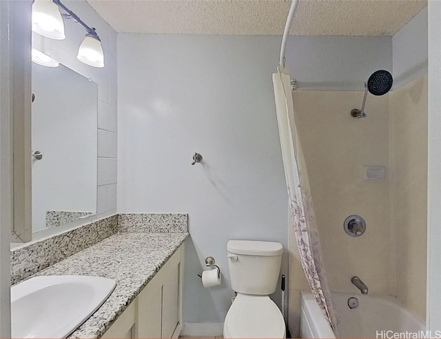 full bathroom featuring vanity, shower / bath combo, a textured ceiling, and toilet