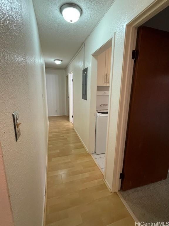 hall featuring electric panel, a textured ceiling, and light hardwood / wood-style flooring