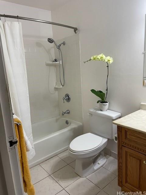 full bathroom featuring toilet, vanity, shower / tub combo with curtain, and tile patterned flooring