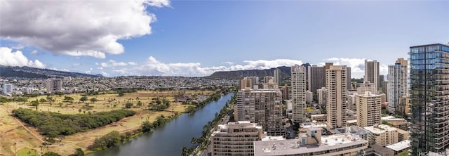 bird's eye view with a water and mountain view